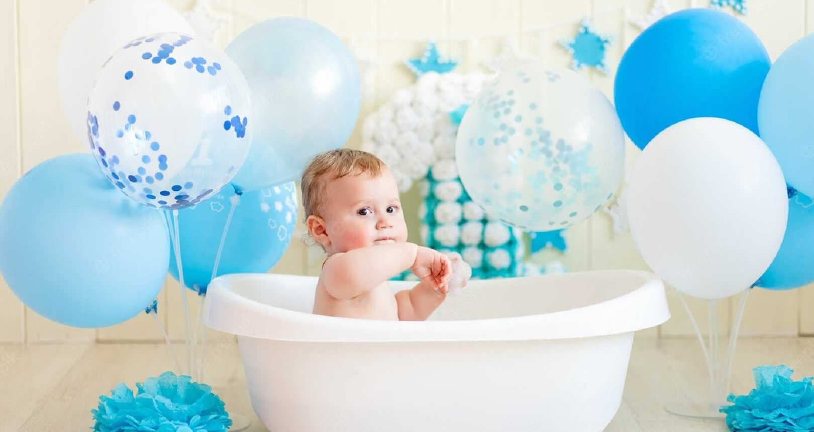baby boy celebrates birthday bathing 1